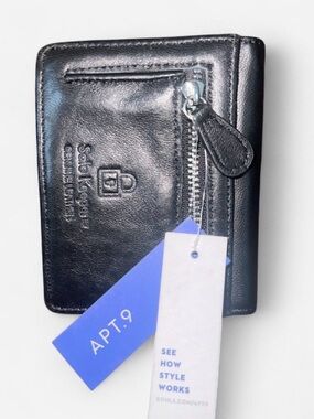 Apt. 9 Black Leather Fold Wallet RFID blocking with Zip Pocket